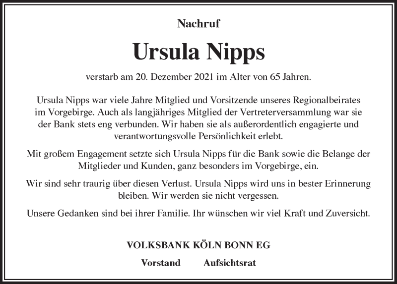  Traueranzeige für Ursula Nipps vom 07.01.2022 aus  Schaufenster/Blickpunkt 