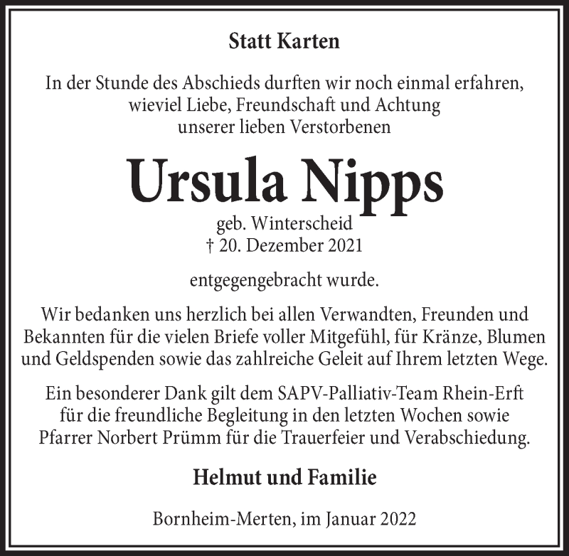 Traueranzeige für Ursula Nipps vom 21.01.2022 aus  Schaufenster/Blickpunkt  Schlossbote/Werbekurier 