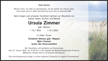 Anzeige von Ursula Zimmer von Kölner Stadt-Anzeiger / Kölnische Rundschau / Express