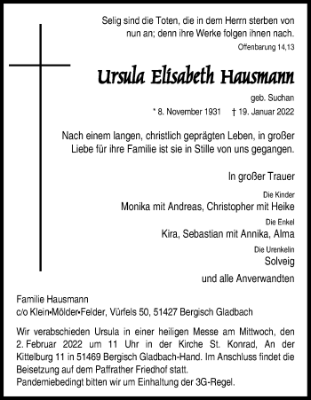 Anzeige von Ursula Elisabeth Hausmann von Kölner Stadt-Anzeiger / Kölnische Rundschau / Express