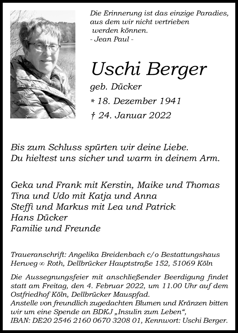  Traueranzeige für Uschi Berger vom 29.01.2022 aus Kölner Stadt-Anzeiger / Kölnische Rundschau / Express