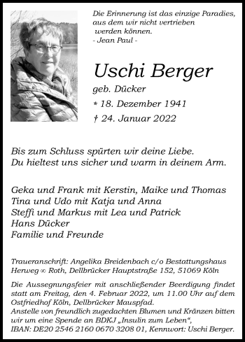 Anzeige von Uschi Berger von Kölner Stadt-Anzeiger / Kölnische Rundschau / Express