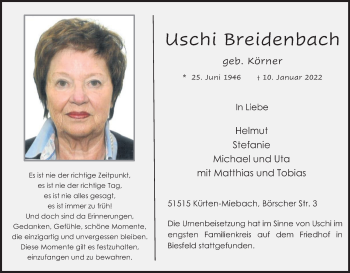 Anzeige von Uschi Breidenbach von Kölner Stadt-Anzeiger / Kölnische Rundschau / Express