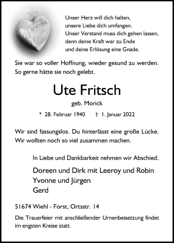 Anzeige von Ute Fritsch von Kölner Stadt-Anzeiger / Kölnische Rundschau / Express