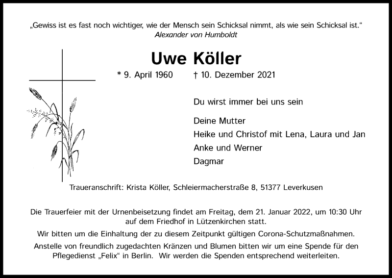  Traueranzeige für Uwe Köller vom 15.01.2022 aus Kölner Stadt-Anzeiger / Kölnische Rundschau / Express