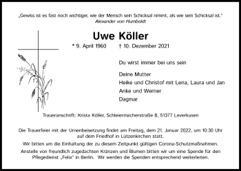 Anzeige von Uwe Köller von Kölner Stadt-Anzeiger / Kölnische Rundschau / Express