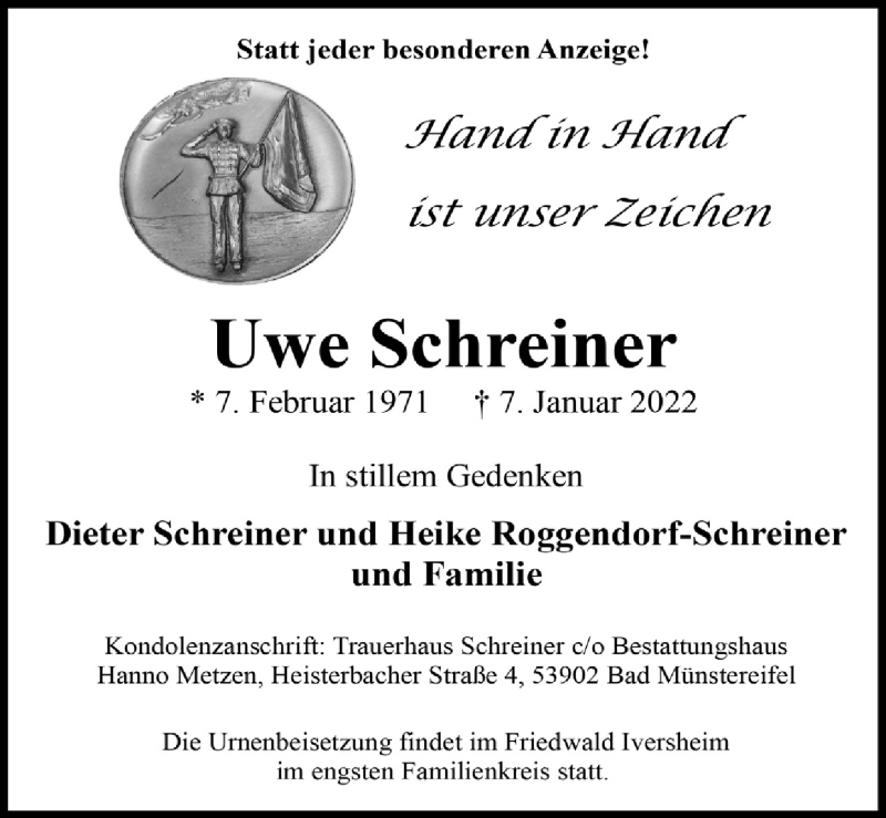  Traueranzeige für Uwe Schreiner vom 15.01.2022 aus  Blickpunkt Euskirchen 