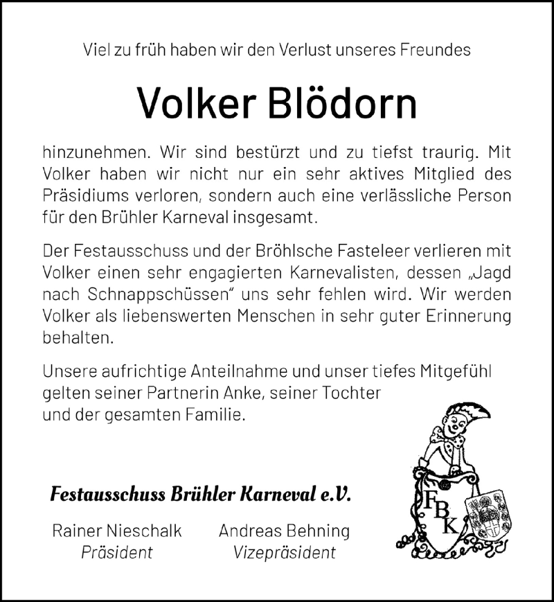  Traueranzeige für Volker Blödorn vom 14.01.2022 aus  Schlossbote/Werbekurier 