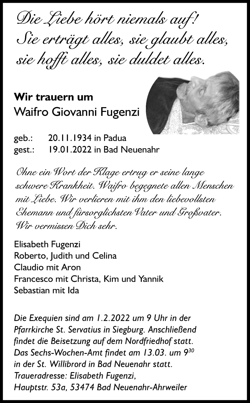  Traueranzeige für Waifro Giovanni Fugenzi vom 29.01.2022 aus Kölner Stadt-Anzeiger / Kölnische Rundschau / Express