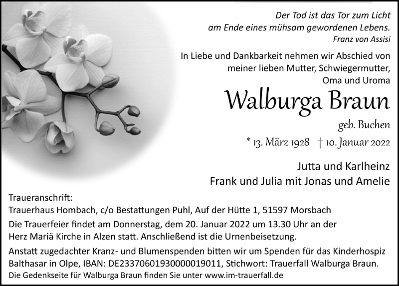  Traueranzeige für Walburga Braun vom 14.01.2022 aus  Lokalanzeiger 