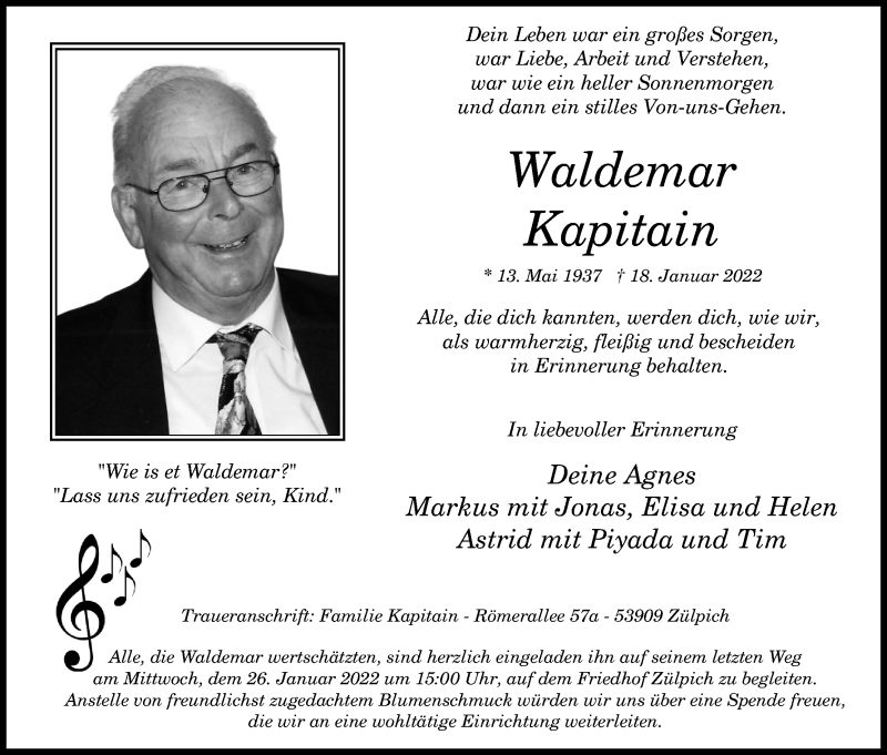  Traueranzeige für Waldemar Kapitain vom 22.01.2022 aus Kölner Stadt-Anzeiger / Kölnische Rundschau / Express