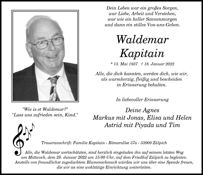  Traueranzeige für Waldemar Kapitain vom 22.01.2022 aus  Blickpunkt Euskirchen 