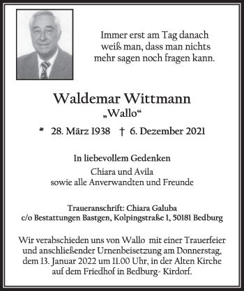 Anzeige von Waldemar Wittmann von  Werbepost 