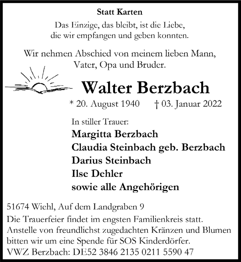  Traueranzeige für Walter Berzbach vom 07.01.2022 aus  Anzeigen Echo 