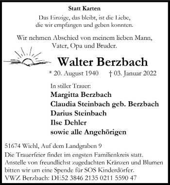 Anzeige von Walter Berzbach von  Anzeigen Echo 