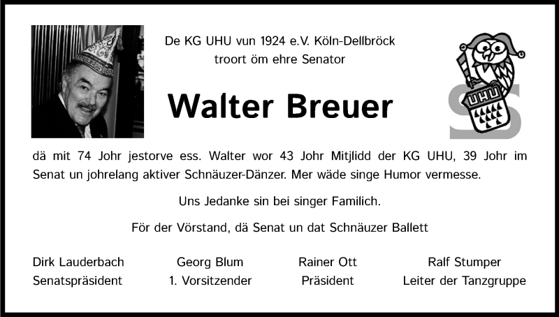  Traueranzeige für Walter Breuer vom 29.01.2022 aus Kölner Stadt-Anzeiger / Kölnische Rundschau / Express