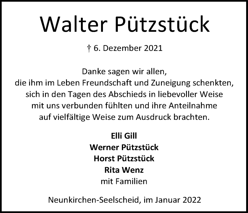  Traueranzeige für Walter Pützstück vom 15.01.2022 aus Kölner Stadt-Anzeiger / Kölnische Rundschau / Express