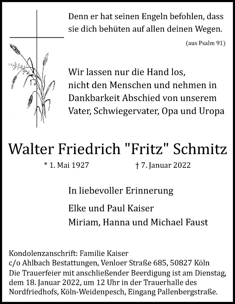  Traueranzeige für Walter Friedrich Schmitz vom 15.01.2022 aus Kölner Stadt-Anzeiger / Kölnische Rundschau / Express