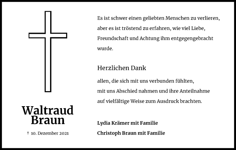  Traueranzeige für Waltraud Braun vom 29.01.2022 aus Kölner Stadt-Anzeiger / Kölnische Rundschau / Express