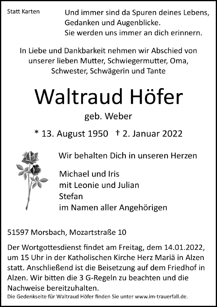  Traueranzeige für Waltraud Höfer vom 07.01.2022 aus  Lokalanzeiger 