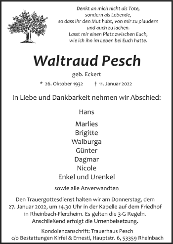 Anzeige von Waltraud Pesch von  Schaufenster/Blickpunkt 