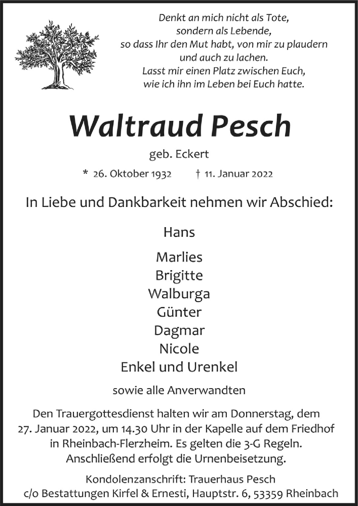 Traueranzeige für Waltraud Pesch vom 21.01.2022 aus  Schaufenster/Blickpunkt 