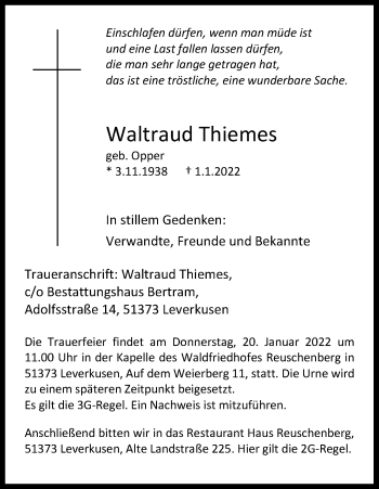 Anzeige von Waltraud Thiemes von Kölner Stadt-Anzeiger / Kölnische Rundschau / Express
