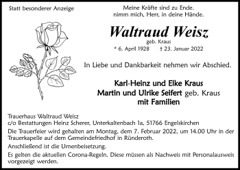 Anzeige von Waltraud Weisz von Kölner Stadt-Anzeiger / Kölnische Rundschau / Express
