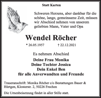 Anzeige von Wendel Röcher von  Wochenende 