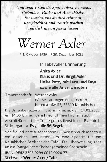 Anzeige von Werner Axler von Kölner Stadt-Anzeiger / Kölnische Rundschau / Express