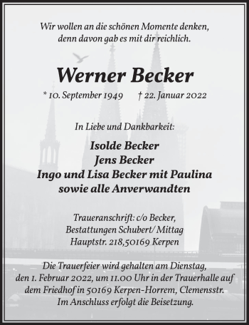Anzeige von Werner Becker von  Werbepost 