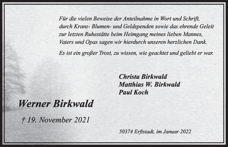  Traueranzeige für Werner Birkwald vom 28.01.2022 aus  Werbepost 