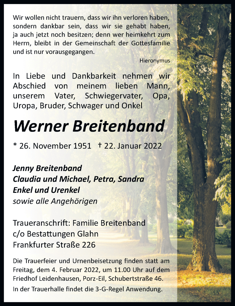  Traueranzeige für Werner Breitenband vom 28.01.2022 aus  Kölner Wochenspiegel 