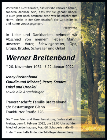 Anzeige von Werner Breitenband von  Kölner Wochenspiegel 