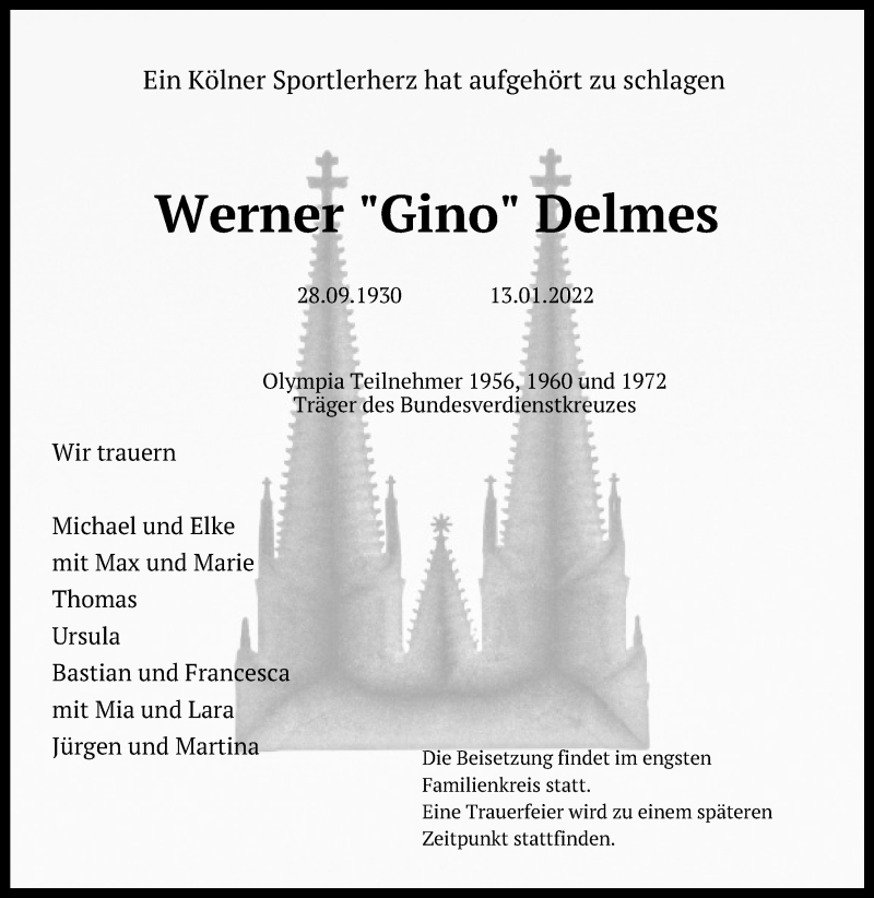  Traueranzeige für Werner Delmes vom 15.01.2022 aus Kölner Stadt-Anzeiger / Kölnische Rundschau / Express