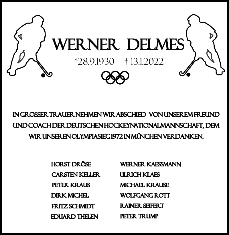  Traueranzeige für Werner Delmes vom 15.01.2022 aus Kölner Stadt-Anzeiger / Kölnische Rundschau / Express