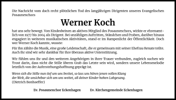 Anzeige von Werner Koch von Kölner Stadt-Anzeiger / Kölnische Rundschau / Express