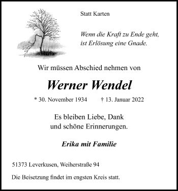 Anzeige von Werner Wendel von Kölner Stadt-Anzeiger / Kölnische Rundschau / Express