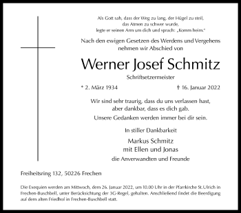 Anzeige von Werner Josef Schmitz von Kölner Stadt-Anzeiger / Kölnische Rundschau / Express