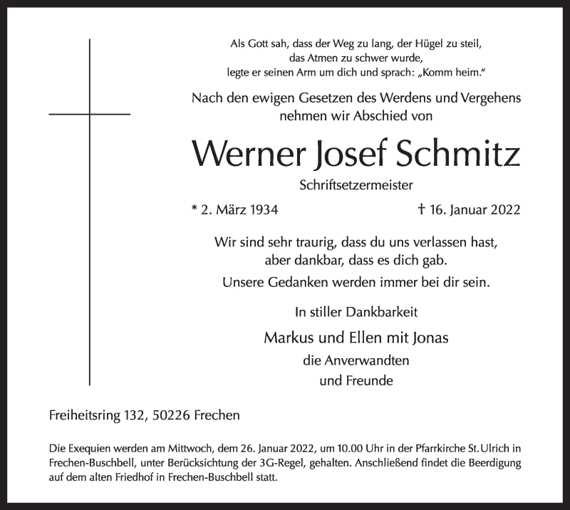  Traueranzeige für Werner Josef Schmitz vom 21.01.2022 aus  Wochenende 