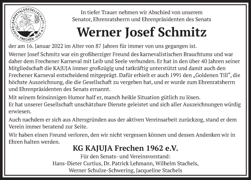  Traueranzeige für Werner Josef Schmitz vom 28.01.2022 aus  Wochenende 