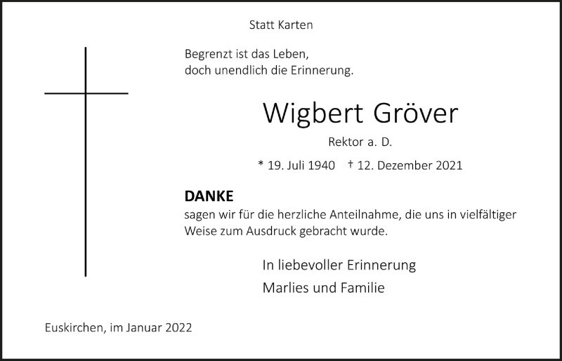  Traueranzeige für Wigbert Gröver vom 15.01.2022 aus  Blickpunkt Euskirchen 