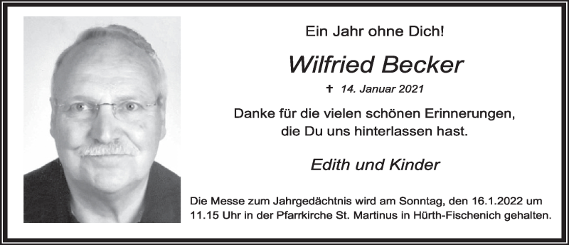  Traueranzeige für Wilfried Becker vom 14.01.2022 aus  Wochenende 
