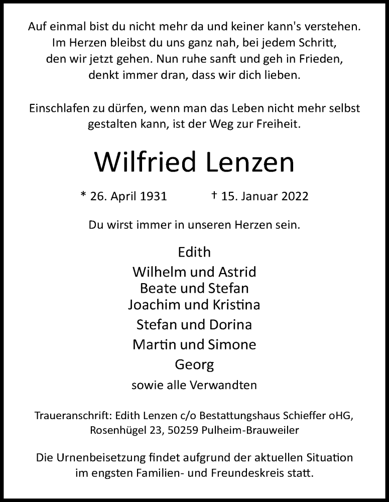  Traueranzeige für Wilfried Lenzen vom 22.01.2022 aus Kölner Stadt-Anzeiger / Kölnische Rundschau / Express