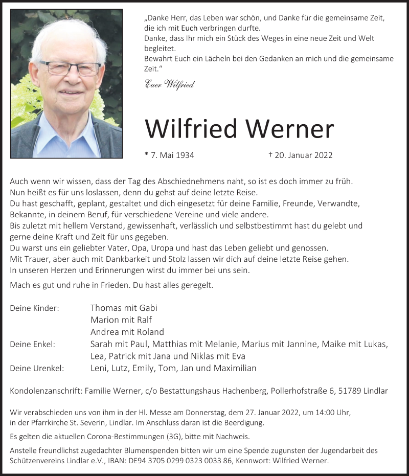  Traueranzeige für Wilfried Werner vom 25.01.2022 aus Kölner Stadt-Anzeiger / Kölnische Rundschau / Express