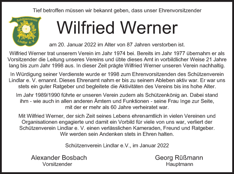  Traueranzeige für Wilfried Werner vom 29.01.2022 aus Kölner Stadt-Anzeiger / Kölnische Rundschau / Express