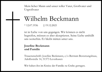Anzeige von Wilhelm Beckmann von Kölner Stadt-Anzeiger / Kölnische Rundschau / Express
