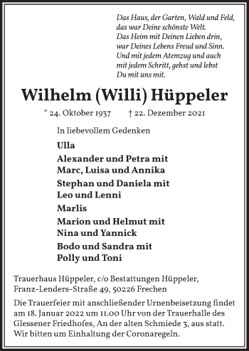 Anzeige von Wilhelm Hüppeler von  Werbepost 