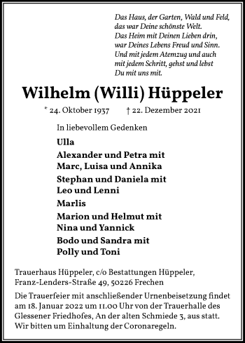 Anzeige von Wilhelm Hüppeler von Kölner Stadt-Anzeiger / Kölnische Rundschau / Express