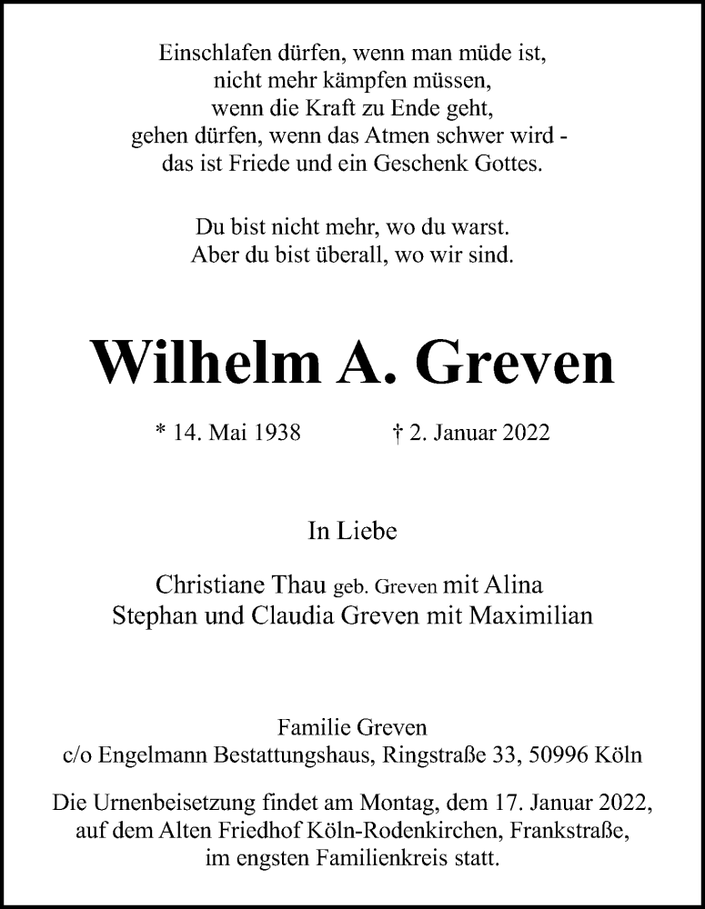  Traueranzeige für Wilhelm A. Greven vom 15.01.2022 aus Kölner Stadt-Anzeiger / Kölnische Rundschau / Express